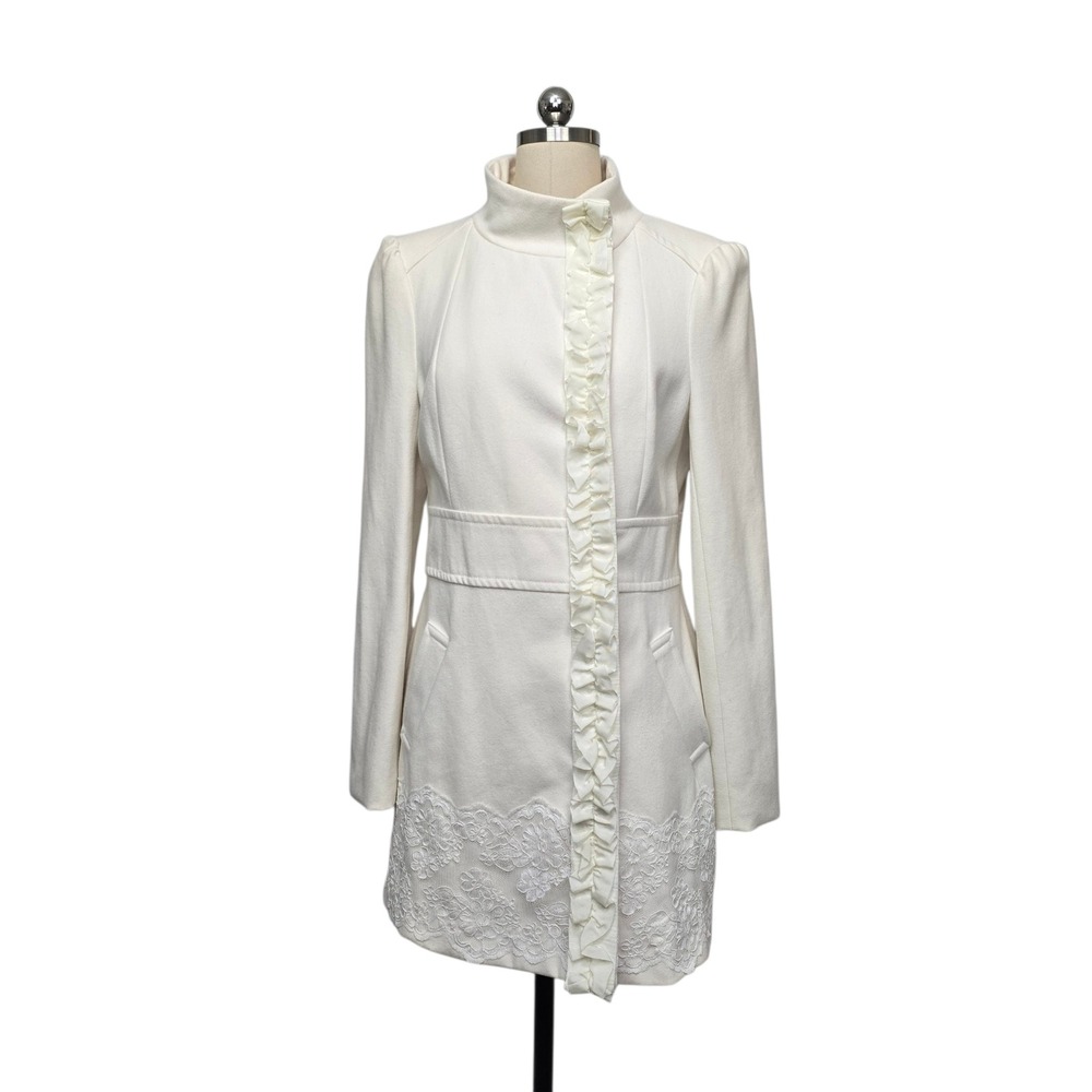 Bebe Winter White Wool Blend Lace Hem Ruffle Front Funnel Neck Coat Womens M